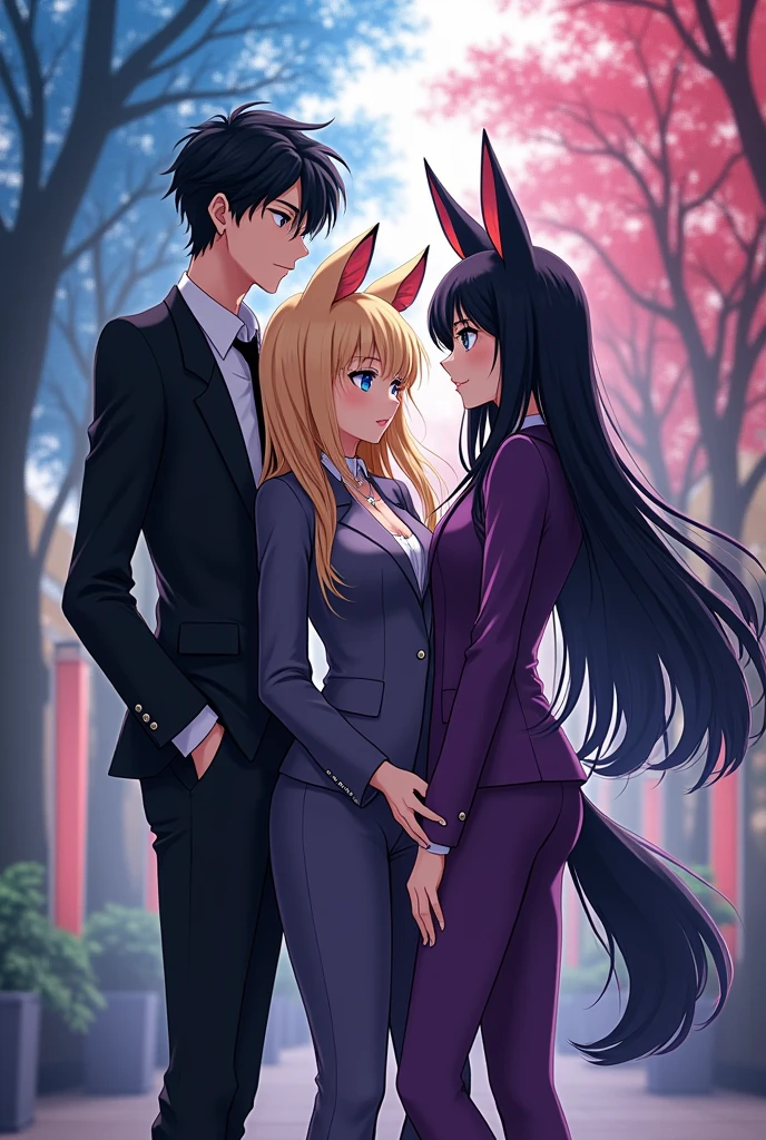 1boy and 2girl are standing next to each other, creating a captivating scene. The anime-inspired boy, with black hair and bold features, exudes confidence. His outfit, reminiscent of Black Panther Comics (BBC), is sleek and stylish. The girl on his left, with long, flowing black hair, wears traditional anime clothing. Her expression is enchanting, with big, captivating eyes. The boy, in his turn, cannot help but feel drawn to her. In the background, a cherry blossom tree blooms, adding to the ethereal ambiance. The artwork is a masterpiece, boasting best quality and extreme detail.