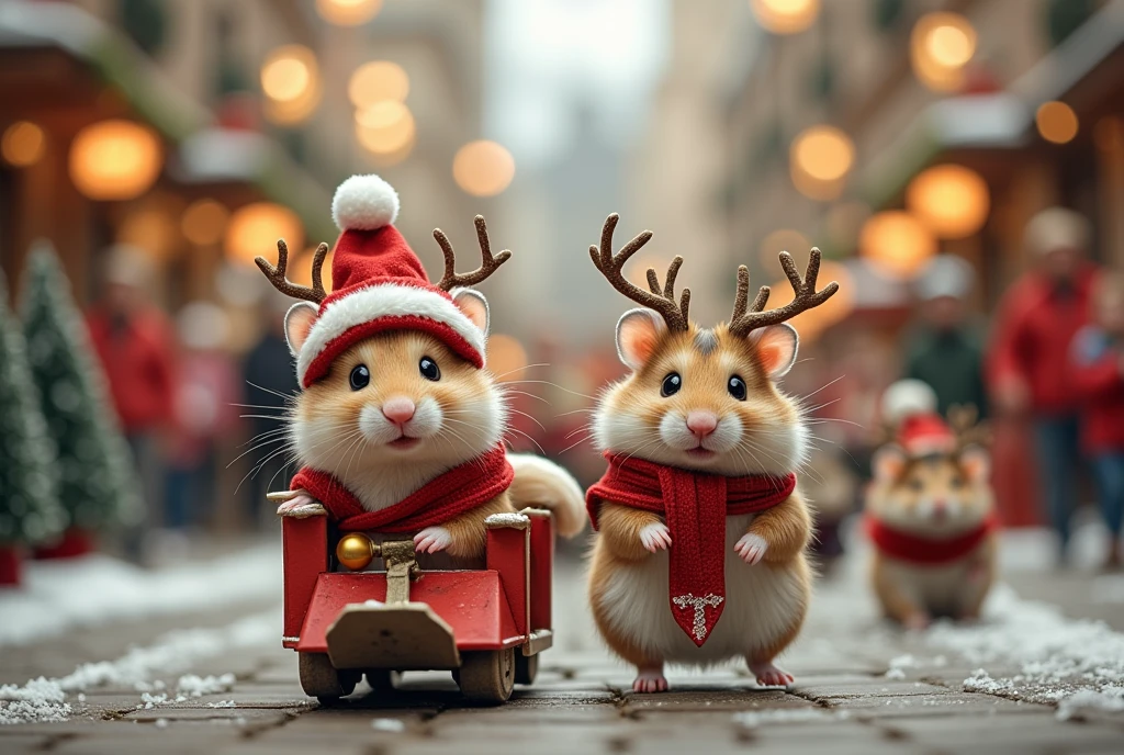 (In a lively, festive parade, hamsters take on the roles of holiday icons. The Santa Claus hamster is leading the parade, sitting atop a small, homemade sleigh adorned with bells and festive decor. His sidekick, the reindeer hamster, trots beside him in perfect synchronization, its antlers festooned with little lights. The street is filled with miniature Christmas trees, handmade decorations swinging in a gentle breeze, and an audience of equally excited animals chiming in the holiday cheer. The joy and camaraderie among them exude a sense of community and celebration, as even the smallest creatures come together to celebrate the festive spirit.)