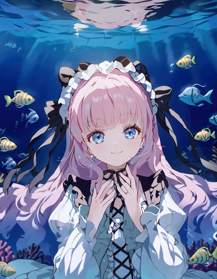  cute girl, light, lolita, pink hair, details, ribbon, bang, dress, under water, fish, smile, mirror, fellyfish, sexy 