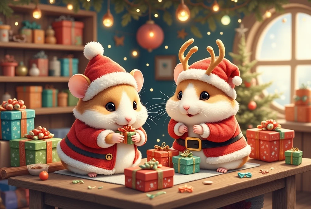 (In a beautifully decorated Christmas workshop, two adorable hamsters are the stars. One hamster is dressed as Santa Claus, complete with a tiny red suit, fluffy white beard, and a matching red hat with a pom-pom. Beside him, the second hamster is dressed as a reindeer, with cute little antlers attached to its head and a jingling bell around its neck. The workshop is bustling with activity, colorful presents being meticulously wrapped, and festive lights twinkling around. These hamsters are busy preparing gifts, bringing the spirit of Christmas to life, their tiny paws skillfully packing tiny presents with glimmers of joy and excitement in their eyes.)