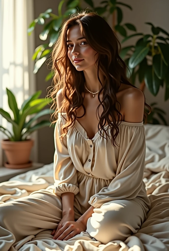 (photorealism:1.2), beautiful woman, sitting on bed, wearing loose off-shoulder top, pajama pants, long curly hair, indoors, soft lighting, plants in background, window with sunlight, cozy room, relaxed pose, realistic, intricate details, warm colors, by Greg Rutkowski, by Alphonse Mucha