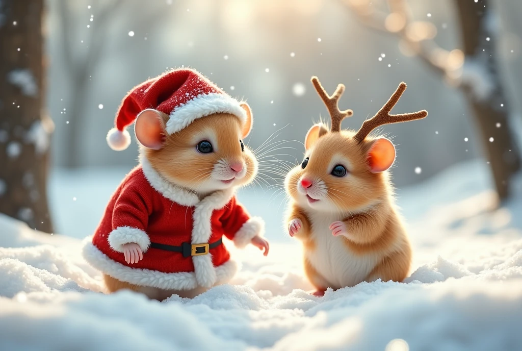 (Amidst a snow-covered landscape shimmering under a pale winter sun, a pair of enchanting hamsters embody the festive cheer of Christmas. The first hamster, embodying Santa Claus in the traditional sense, wears a charming red coat trimmed with white fur, a comically oversized Santa hat slipping over its ears. Its companion, with a tiny pair of handmade antlers and a red nose just like Rudolph, is the perfect depiction of a reindeer. They are playing in the snow, the world around them a wonderland of frosted trees and softly falling snowflakes. Their playful antics, leaving delicate trails in the snow, showcase the pure joy of the holiday season.)