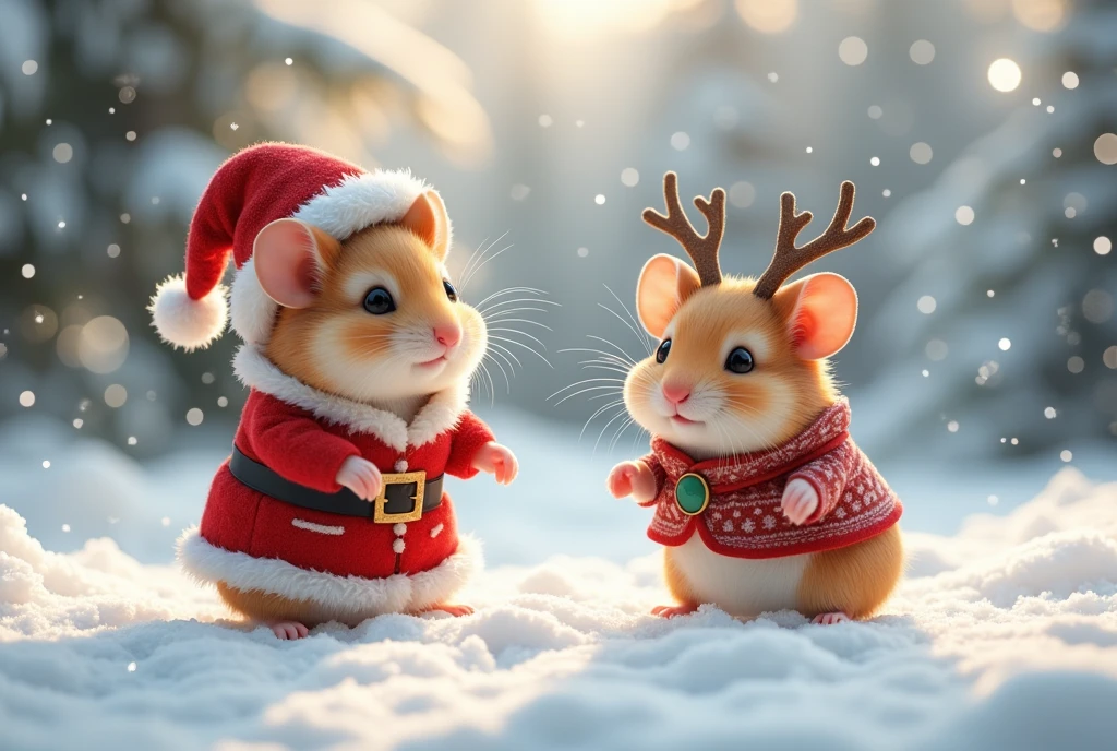 (Amidst a snow-covered landscape shimmering under a pale winter sun, a pair of enchanting hamsters embody the festive cheer of Christmas. The first hamster, embodying Santa Claus in the traditional sense, wears a charming red coat trimmed with white fur, a comically oversized Santa hat slipping over its ears. Its companion, with a tiny pair of handmade antlers and a red nose just like Rudolph, is the perfect depiction of a reindeer. They are playing in the snow, the world around them a wonderland of frosted trees and softly falling snowflakes. Their playful antics, leaving delicate trails in the snow, showcase the pure joy of the holiday season.)