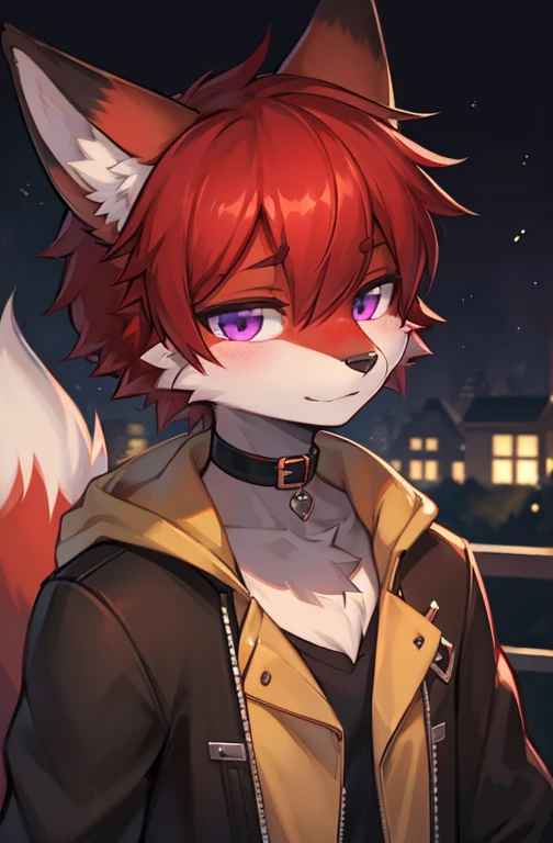 (Artist by zackary911, 8k, high quality, detailed eyes and fur, night, residents background), solo, male fox, anthro, red satured fur, red body, male body, purple eyes, black ears, red hair, short hair, hair cover eye, hands white, choker, eyeliner black, beige jacket, black shirt,
