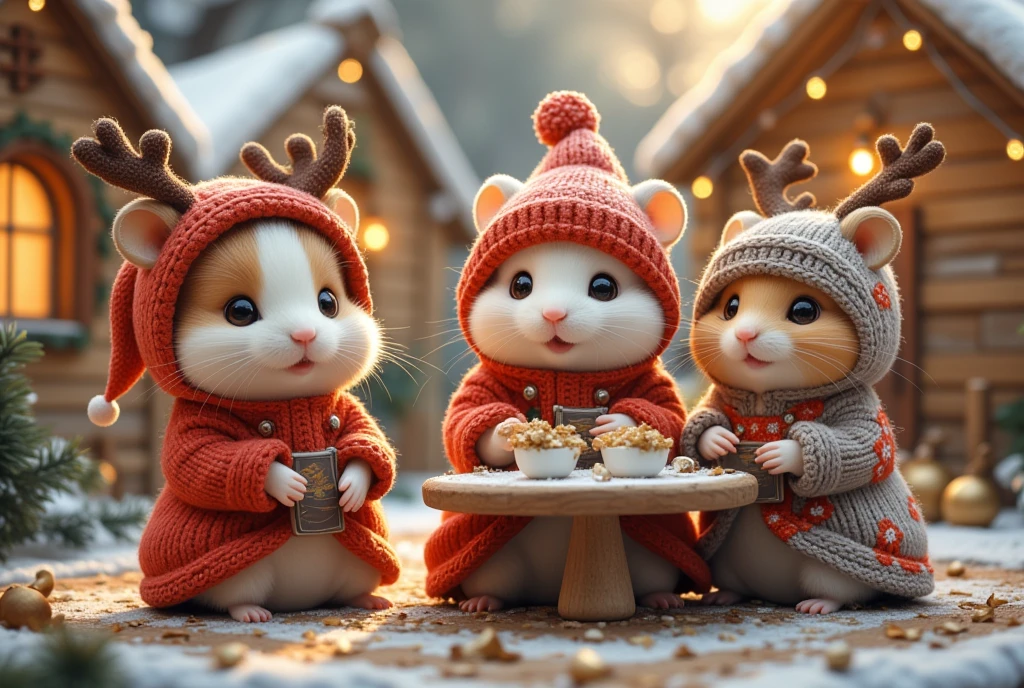 (In a delightful, whimsical setting reminiscent of a Christmas village, multiple hamster families gather for a festive holiday celebration. Each family includes a Santa hamster and a reindeer hamster, each dressed in adorable costumes complete with the traditional attire of Santa and antlers for the reindeer counterparts. The scene is dotted with small houses covered in snow, warm light spilling from their tiny windows, and every corner has been adorned with holiday trinkets. The atmosphere is bustling with joy, as hamster choirs sing carols and tiny tables are laden with miniature festive treats, capturing the essence of a Christmas family gathering.)