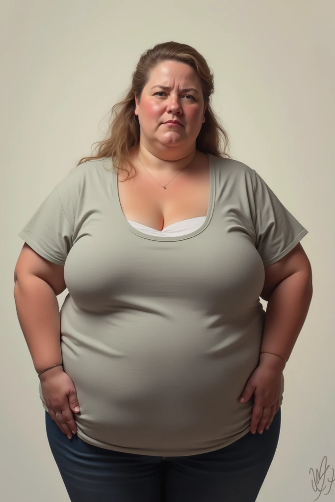 High resolution, High level image quality, high detail, masterpiece, rough skin, anatomically correct, sharp, gray background,((japanese mature, 4)), alone, ((facial wrinkles)), good shape big breasts, Straight light brown hair that reaches to the shoulders, Chubby body type、 (((stand upright, facing the center of the screen.))), Close your mouth and look straight ahead with a serious face, sweater, skirt, ((cowboy shot)), colossal tits