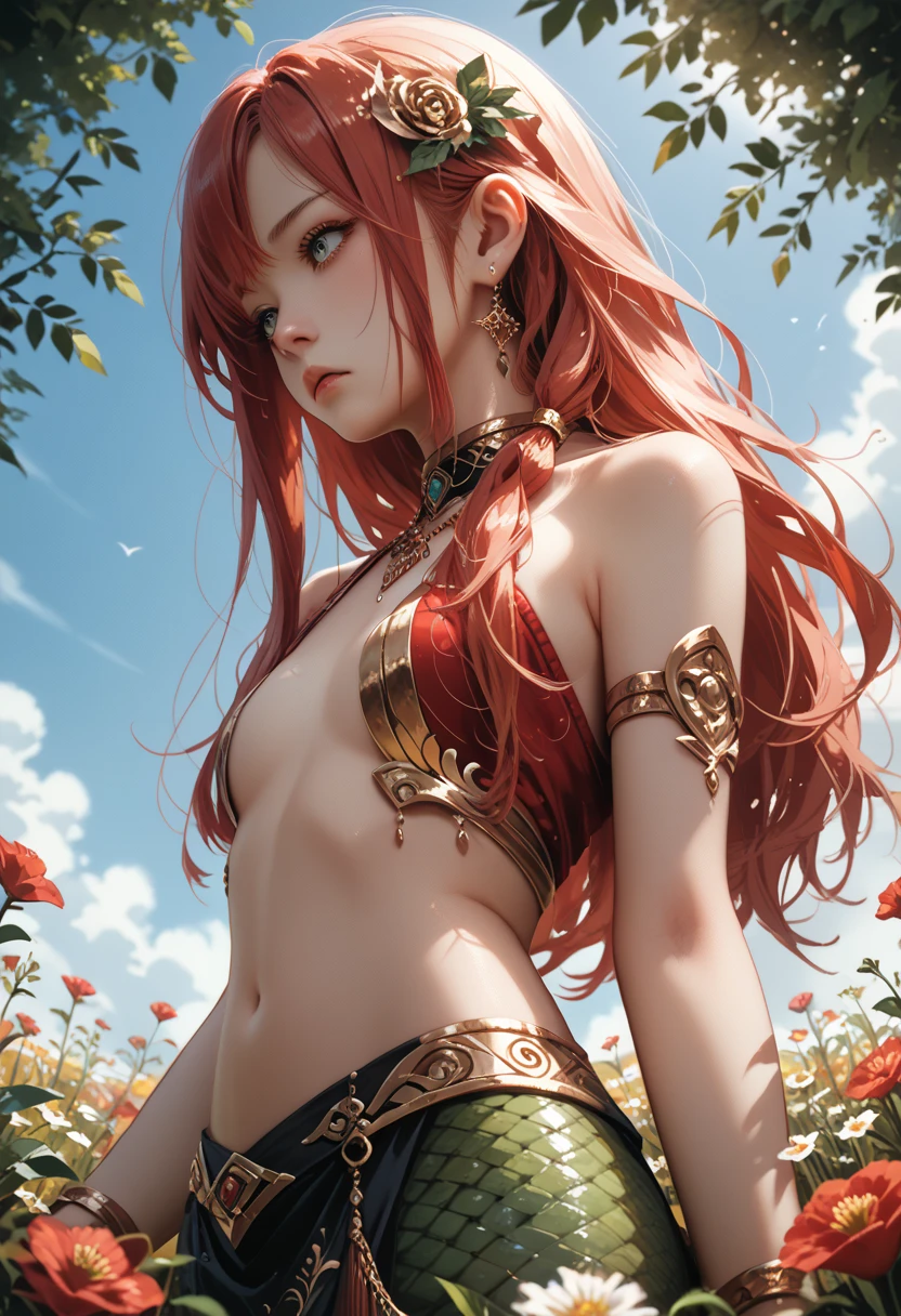 red-haired lamia girl (small breasts) in a field of flowers (long hair below the shoulders) flowers in her hair, gold jewelry on her hands ((whole body))