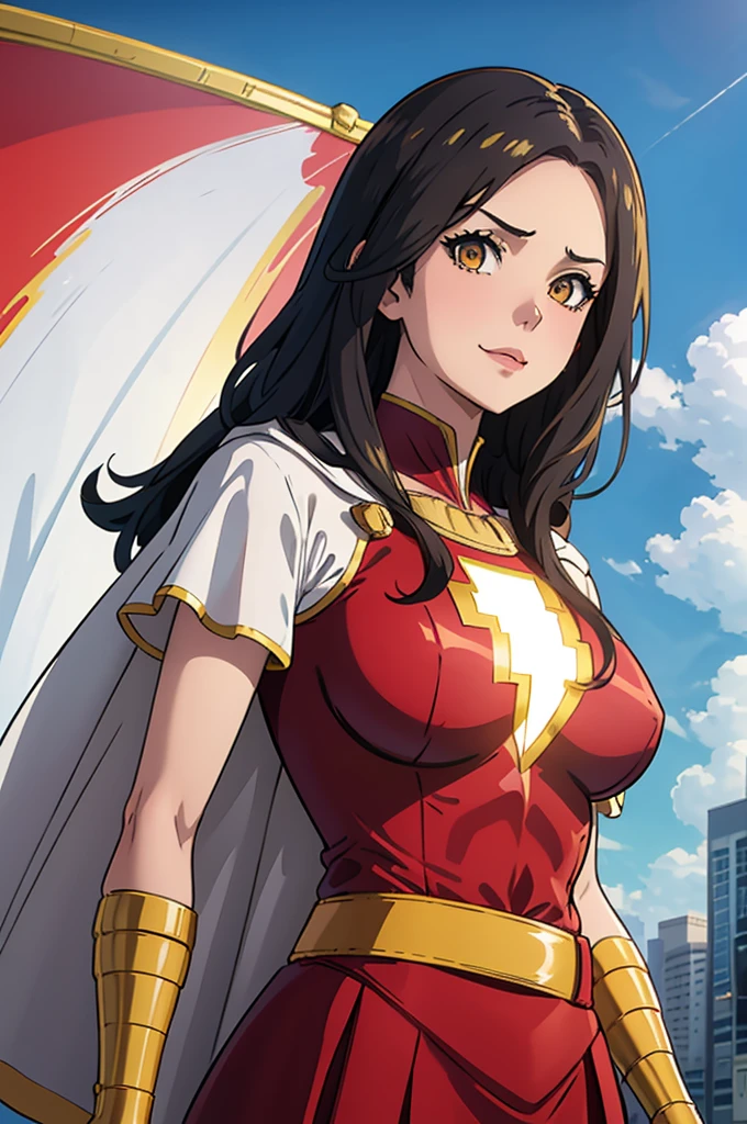 best quality,masterpiece,looking at viewer,absurdres,1girl,score_9,score_8_up,score_7_up,source_anime BREAK   mary marvel, white cape, red dress, red skirt, short sleeves, bracer, large breasts, yellow belt, evil smile, blue sky, clouds, cityscape, (flying:1.4), upper body, from below, 