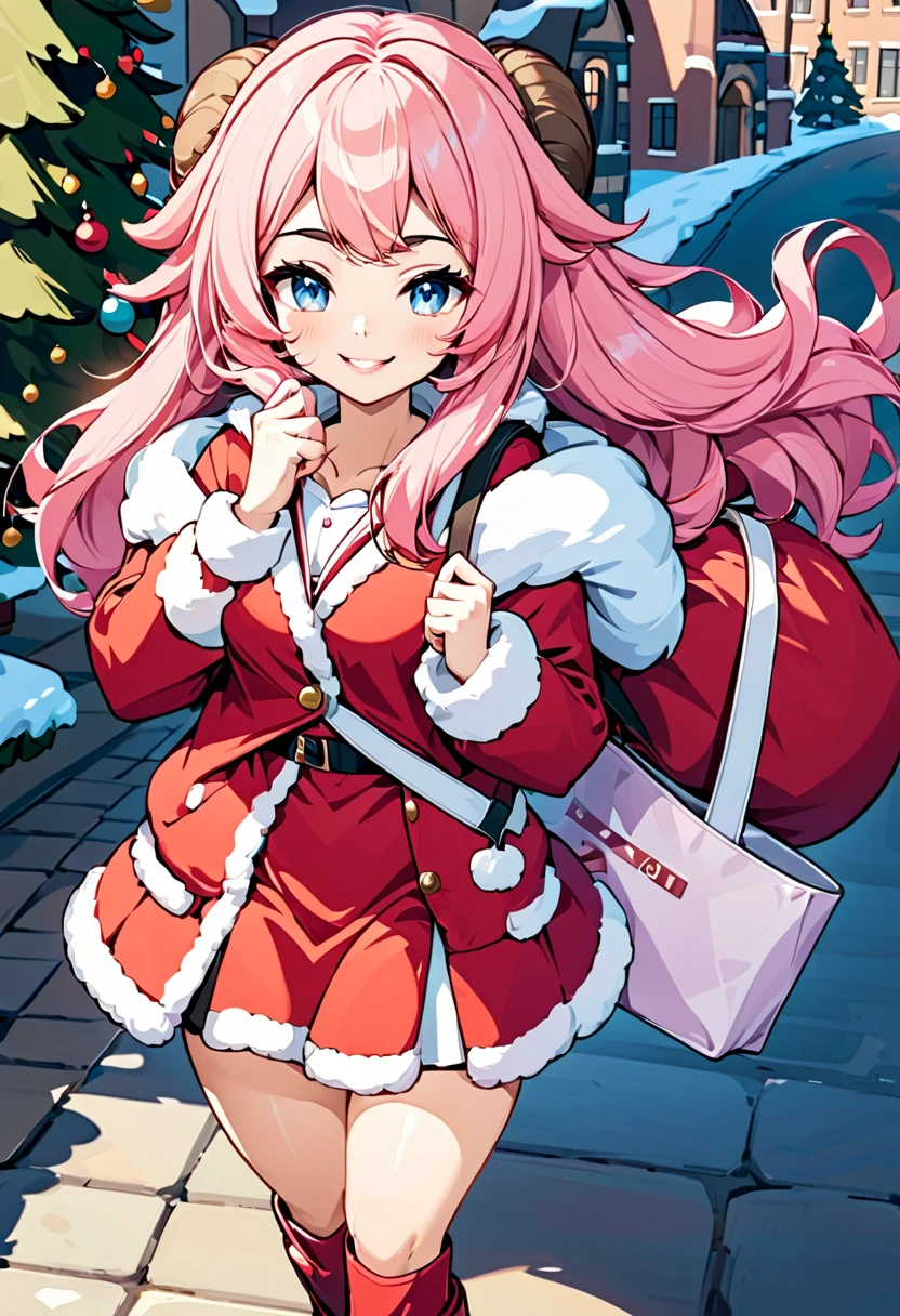 (UHD, best quality,  highres icon, ), 1girl,  long pink fluffy hair, Thick eyebrows, smile,  Santa clothes in a mini skirt ,  carrying a white bag ,  red boots, Sheep Sleigh 