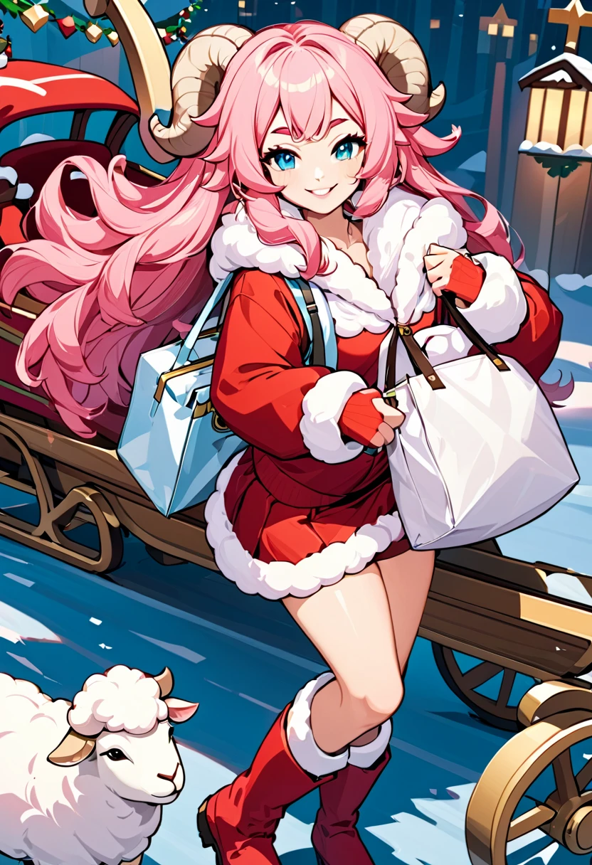 (UHD, best quality,  highres icon, ), 1girl,  long pink fluffy hair, Thick eyebrows, smile,  Santa clothes in a mini skirt ,  carrying a white bag ,  red boots, Sheep Sleigh 