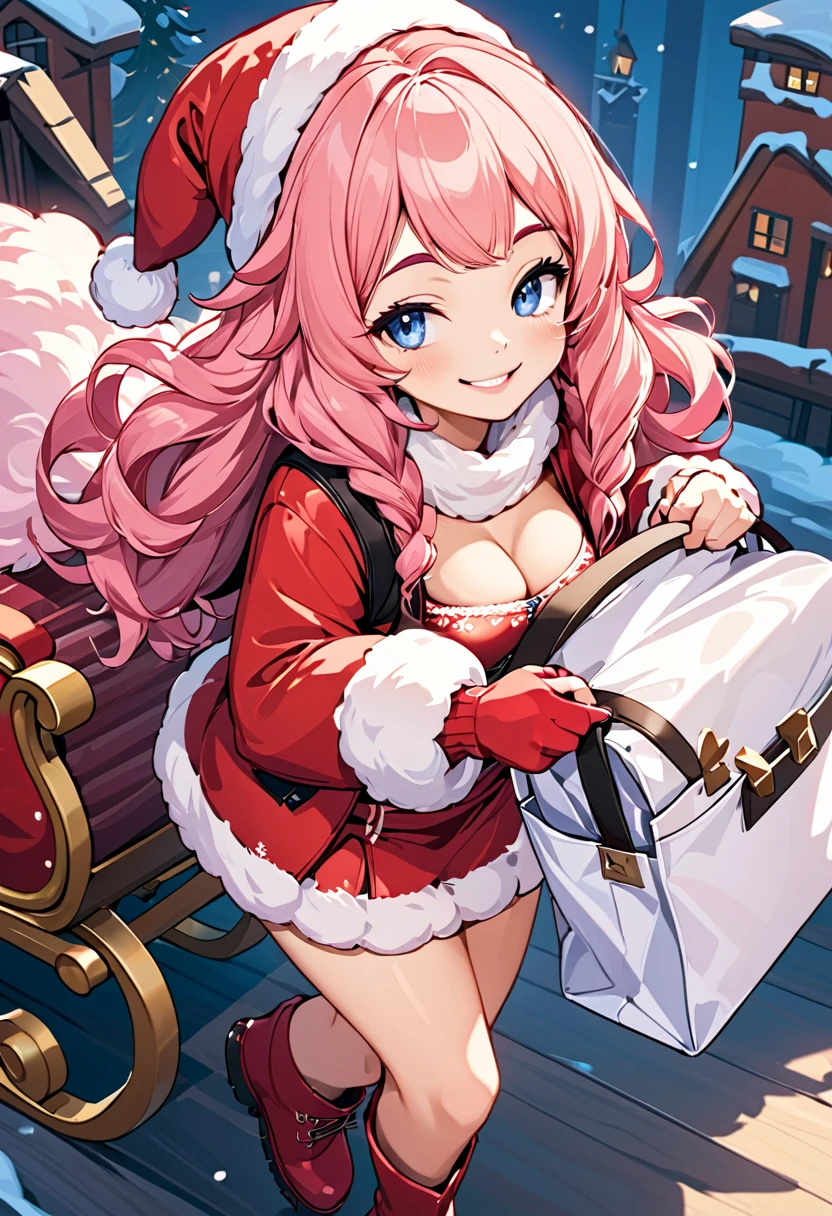 (UHD, best quality,  highres icon, ), 1girl,  long pink fluffy hair, Thick eyebrows, smile,  Santa clothes in a mini skirt ,  carrying a white bag ,  red boots, Sheep Sleigh 