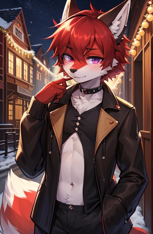 (Artist by zackary911, 8k, high quality, detailed eyes and fur, night, residents background), solo, male fox, anthro, red satured fur, red body, male body, purple eyes, black ears, red hair, short hair, hair cover eye, hands white, choker, eyeliner black, beige jacket, black shirt, Y , extreme detail, masterpiece, high resolution, high detail, detailed eyes, detailed hands, full length image, beach background