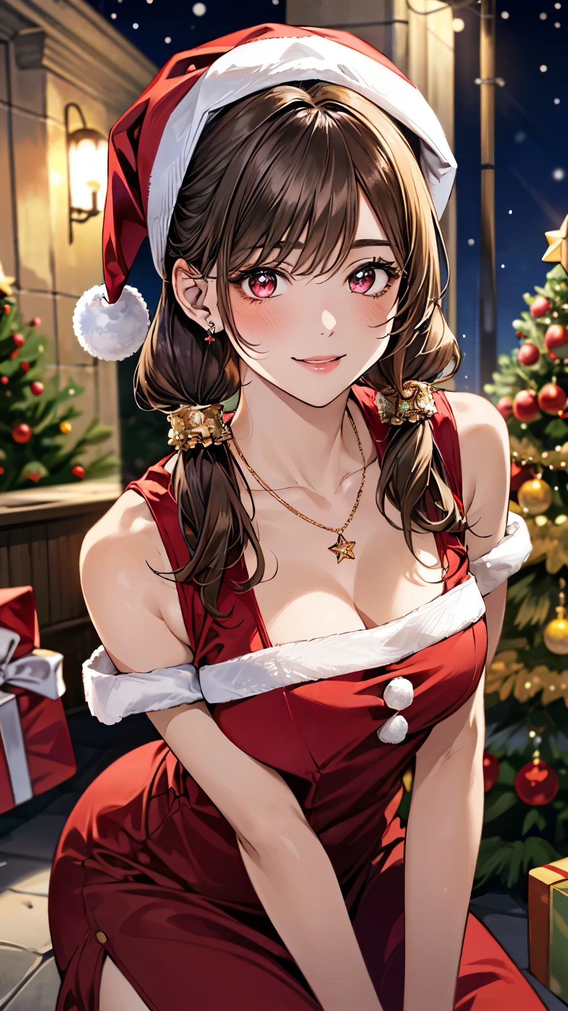 
(masterpiece:1.3, top-quality, ultra high res, ultra detailed), (realistic, photorealistic:1.3), beautiful illustration, perfect lighting, natural lighting, colorful, depth of fields, 2024s,
beautiful detailed hair, beautiful detailed face, beautiful detailed eyes, beautiful clavicle, beautiful body, beautiful chest, beautiful thigh, beautiful legs, beautiful fingers, shiny skin, 
looking at viewer, (face focus, upper body), 1 girl, high school girl, (perfect anatomy, anatomically correct, super detailed skin), cute and symmetrical face, perfect face, perfect eyes, tiny, ****face, cute:1.2, 
(middle hair, low twin tails, light brown hair), swept bangs, maroon eyes, big eyes, long eyelashes, (medium breasts, seductive thighs, large valleys, bare thighs),  
(detailed cloth texture), ((wearing santa claus costume, symmetrical clothing, metallic red santa claus hat, metallic red santa claus dress, metallic red santa claus boots, bare shoulders), christmas necklace), 
(beautiful scenery), christmas night, outdoors, (christmas tree:1.3), celebration, exquisite details, exciting surprises, shiny ornaments, sparkling tinsel, 
anticipation, festive mood, magical ambiance, delightful moment, wonderful memories, christmas magic, extravagant, abundance of presents, 
(erotic, sexy, upper eyes, laugh), 