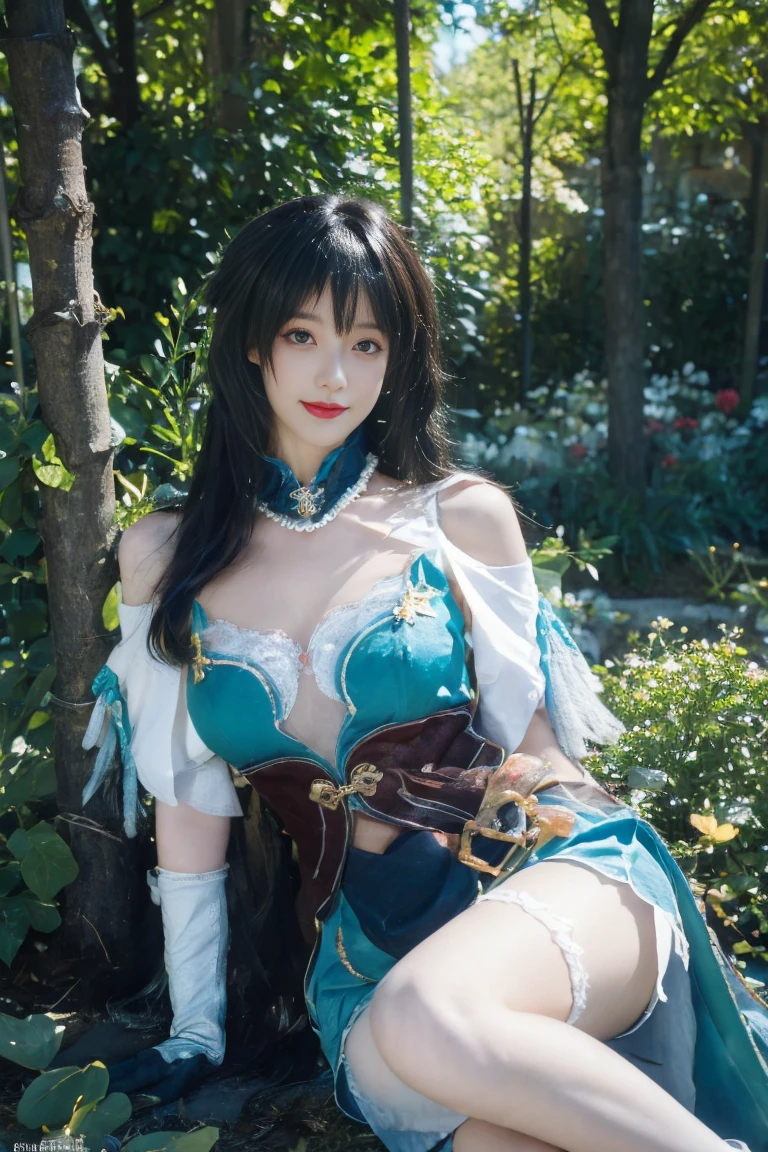 there is a woman that is sitting down on a bench，Dressed in fairy costumes, Anime cosplay, Anime girl cosplay, smiling as a queen of fairies, portrait of a fairy, Beautiful fairy, forest fairy, fairy core, faeries, beautiful fairie, beautiful adult fairy, Gorgeous Role Play, portrait of fairy, astral fairy, fairy queen, cosplay, cosplay foto