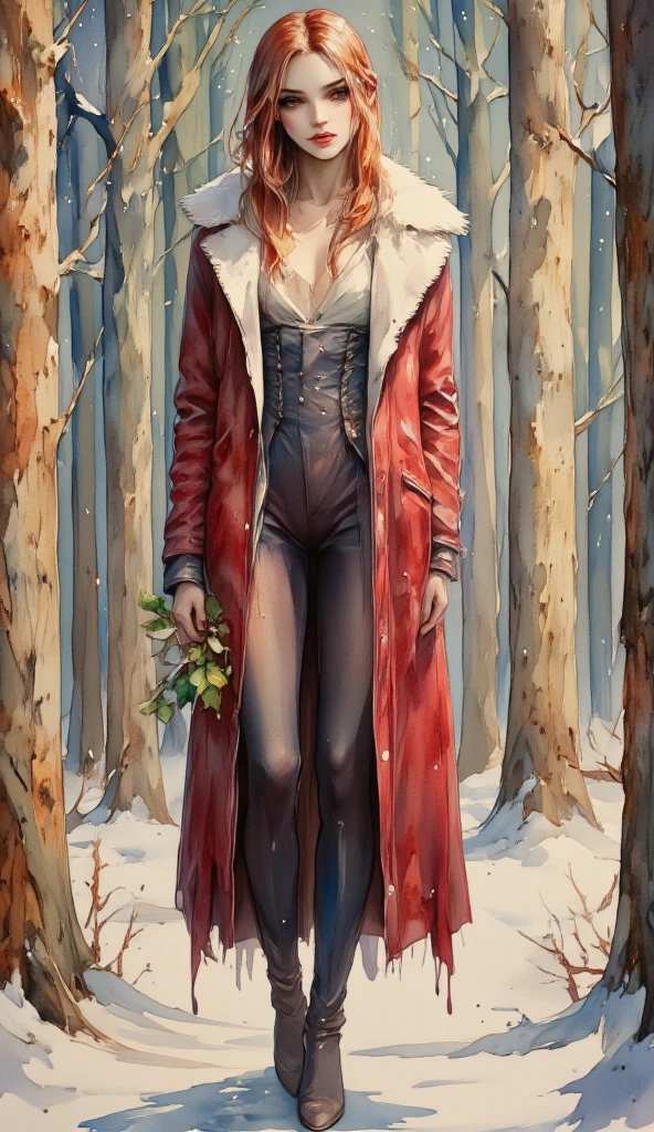 ink and watercolour full length portrait on parchment. In the midst of a winter pine forest, a (mysterious (female (vampire))), (neat and tidy (long(auburn hair))), opal red eyes, (open mouth:1.5) (fangs:1.5), (tongue:1.5). holding a branch of holly. red (warm coat) with white fur collar. lacy aesthetic. christmas aesthetic. snowy background with pine trees, christmas decorations and lights.  red and white.