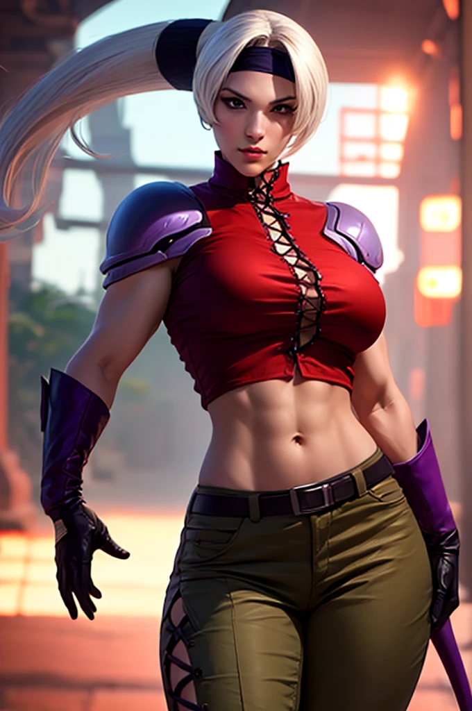 1woman, (FoxyMs:1.3), white ponytail hair, purple bandana hair, big breasts, narrow waist, Gloves, khaki pants, Pauldron, belly, red shirt, Open shirt, dark skin, realistic, cinematic lights, 8K, perfect, detailed, beautiful, sexy body, MASTERPIECE, perfect hands, Full body, waist 