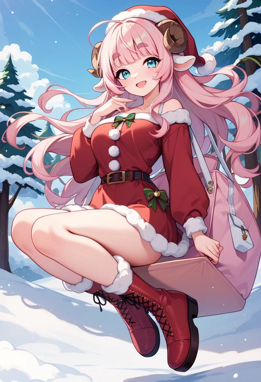 (UHD, best quality,  highres icon, ), 1girl,  long pink fluffy hair, Thick eyebrows, smile,  Santa clothes in a mini skirt ,  carrying a white bag ,  red boots, Sheep Sleigh 