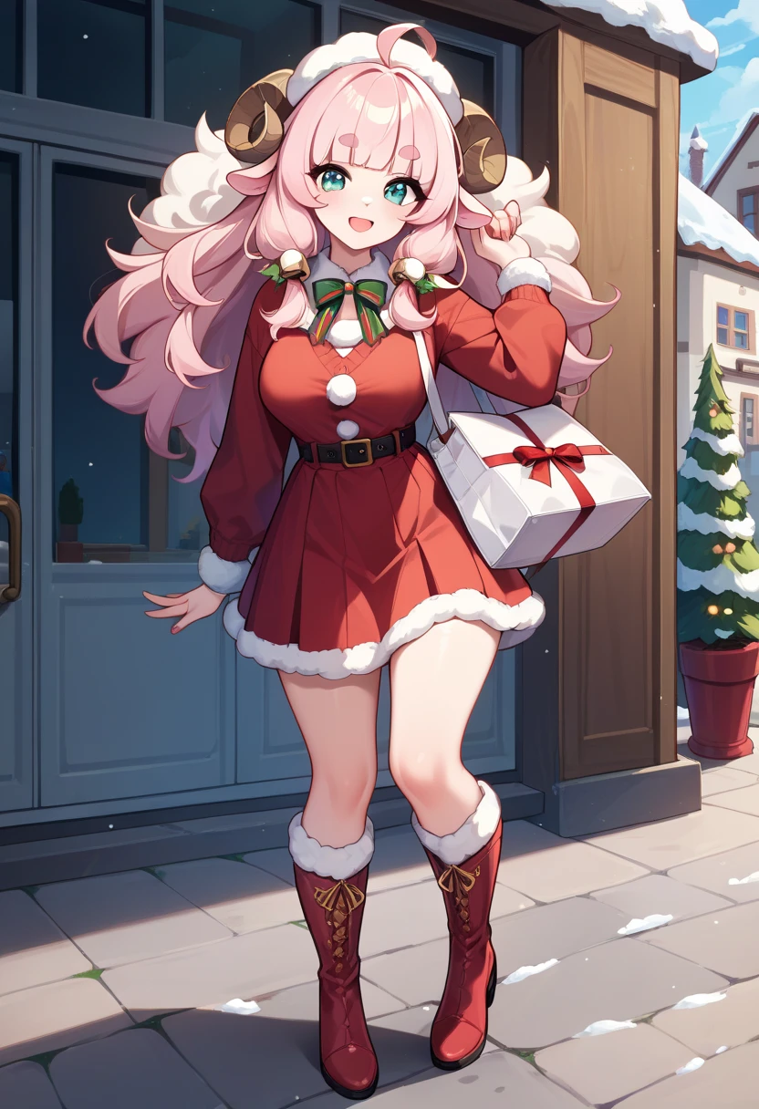 (UHD, best quality,  highres icon, ), 1girl,  long pink fluffy hair, Thick eyebrows, smile,  Santa clothes in a mini skirt ,  carrying a white bag ,  red boots, Sheep Sleigh 