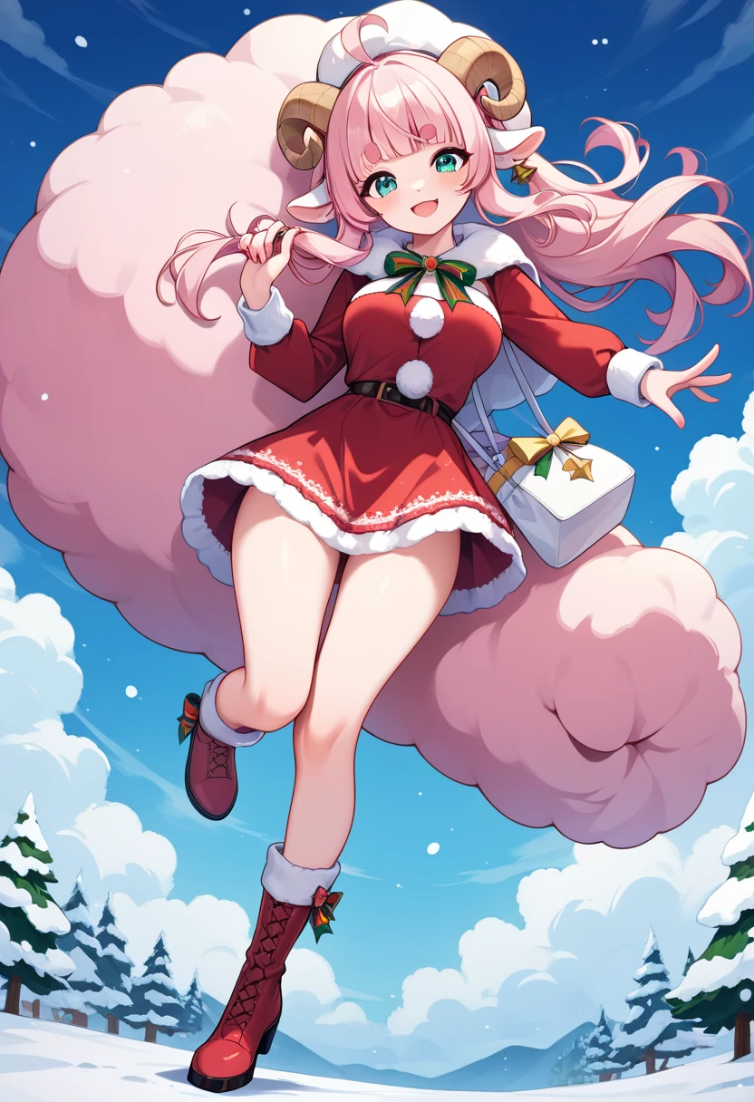 (UHD, best quality,  highres icon, ), 1girl,  long pink fluffy hair, Thick eyebrows, smile,  Santa clothes in a mini skirt ,  carrying a white bag ,  red boots, Sheep Sleigh 