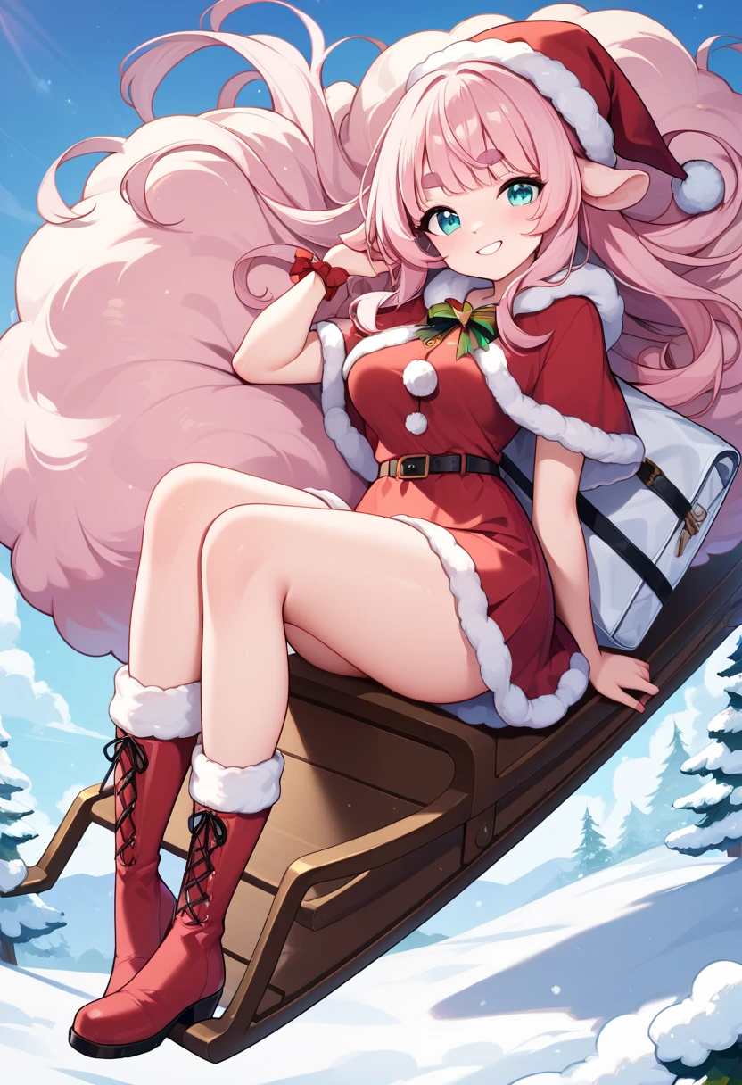 (UHD, best quality,  highres icon, ), 1girl,  long pink fluffy hair, Thick eyebrows, smile,  Santa clothes in a mini skirt ,  carrying a white bag ,  red boots, Sheep Sleigh 