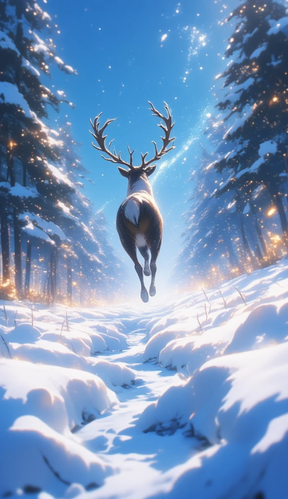 An anime illustration of a footprint trail left by a reindeer. The camera focuses on the footprint trail. Further away, the reindeer with its back facing the camera, is galloping high off the ground, with magic trail under its feet. bokeh effect, with focus on the footprints.