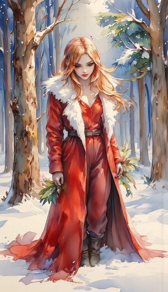 ink and watercolour full length portrait on parchment. In the midst of a winter pine forest, a (mysterious (female (vampire))), (neat and tidy (long(auburn hair))), opal red eyes, (open mouth:1.5) (fangs:1.5), (tongue:1.5). holding a branch of holly. red (warm coat) with white fur collar. lacy aesthetic. christmas aesthetic. snowy background with pine trees, christmas decorations and lights.  red and white.