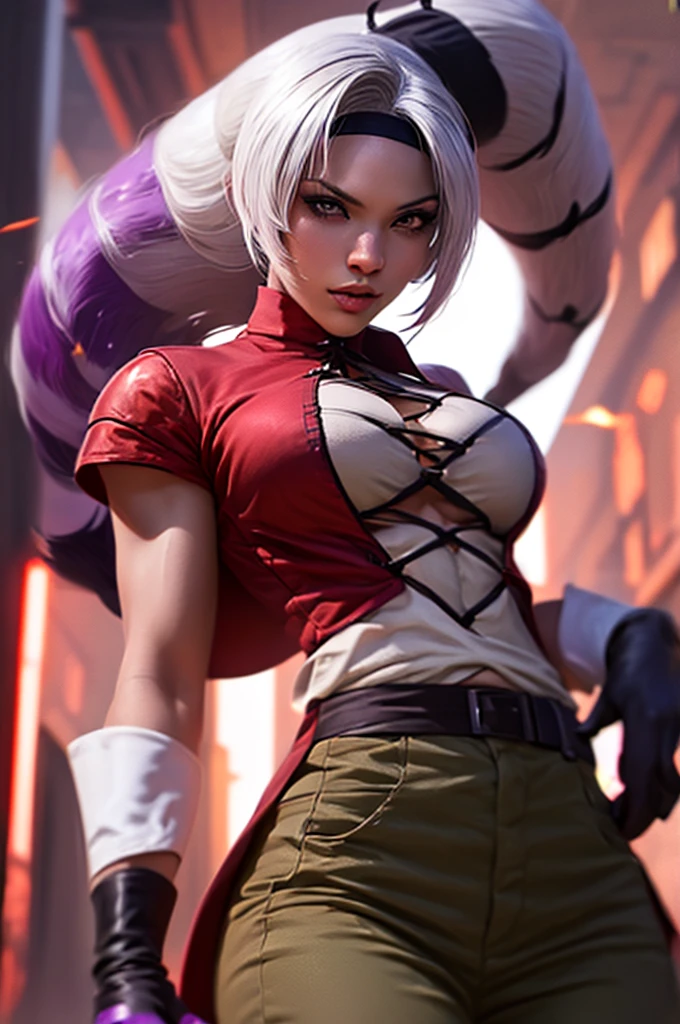 1woman, (FoxyMs:1.3), white ponytail long hair, purple bandana hair, big breasts, narrow waist, Gloves, khaki pants, Pauldron, belly, red shirt, Open shirt, dark skin, realistic, cinematic lights, 8K, perfect, detailed, beautiful, sexy body, MASTERPIECE, Full body, waist