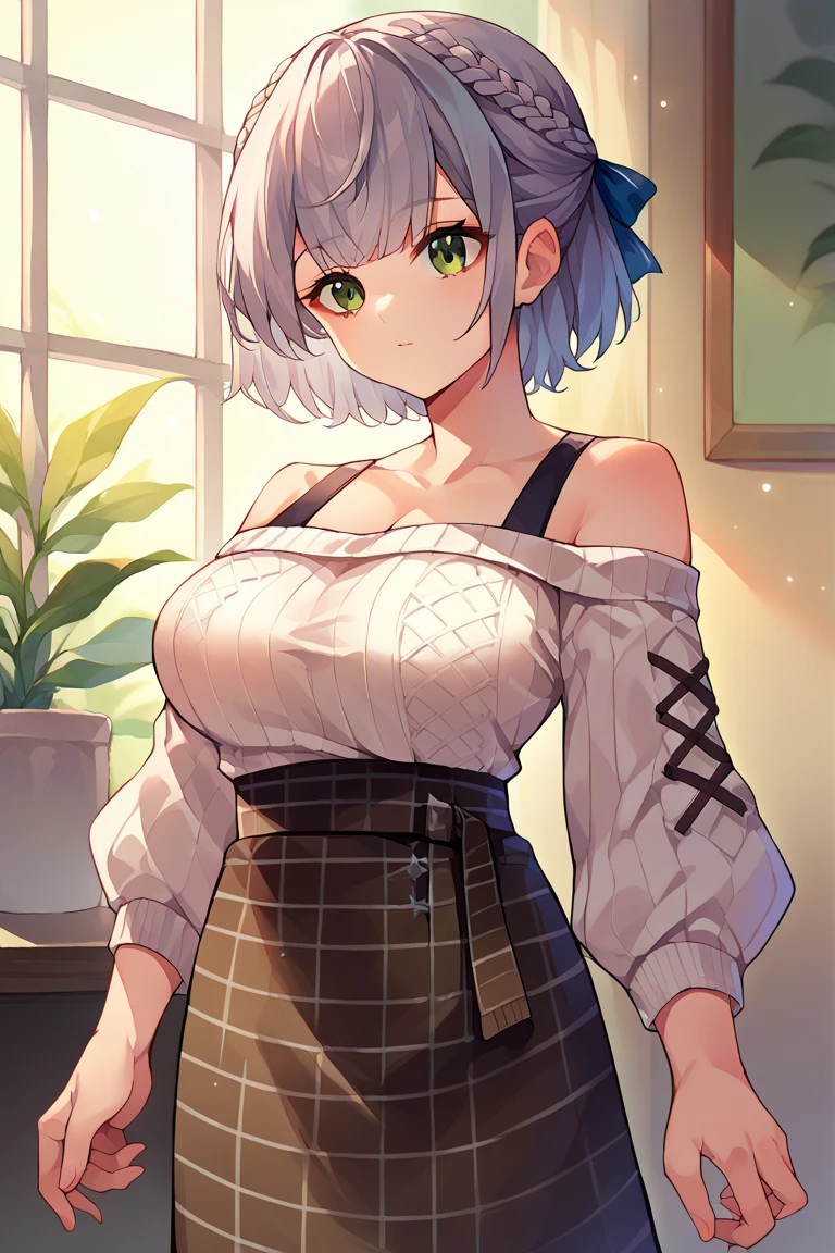 score_9, score_8_up, source_anime, 1girl, solo, NoelCasual, short hair, french braids, green eyes, blue hair ribbons, white sweater, ribbed sweater, off-shoulder, plaid skirt, high-waist skirt, indoors, standing