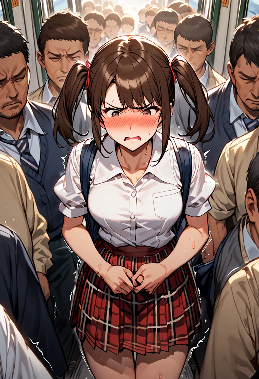 13 old, japanese school girl,dark brown hair,twintail,hair pin, at train ,perfect body,easy-going face,White shirt blouse,sweaty, plaid skirt,trouble, twin tail, blush、molested, anatomically correct, Japanese sound effects, touch her ass or tits, Crowded trains, heavy crowds, blushing, disgust, Anatomically correct depiction of details, can't move in the crowd, one scene, Convulsions, trembling, school bag, one cut, Angle of view looking down from above, All around me are men,one cut, Grabbed Breast