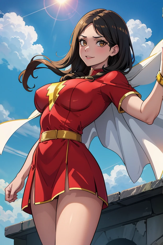 best quality,masterpiece,looking at viewer,absurdres,1girl,score_9,score_8_up,score_7_up,source_anime BREAK   mary marvel, white cape, red dress, red skirt, short sleeves, bracer, large breasts, yellow belt, evil smile, blue sky, clouds, cityscape, (flying:1.4), upper body, from below, 