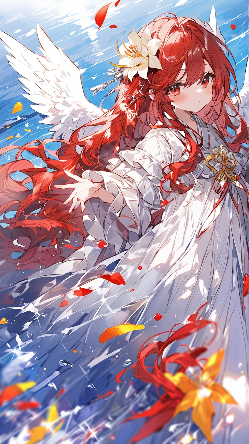 Girl in the water, long red flowing hair,  Angel Wings ,  orange 、yellow、White lily flower