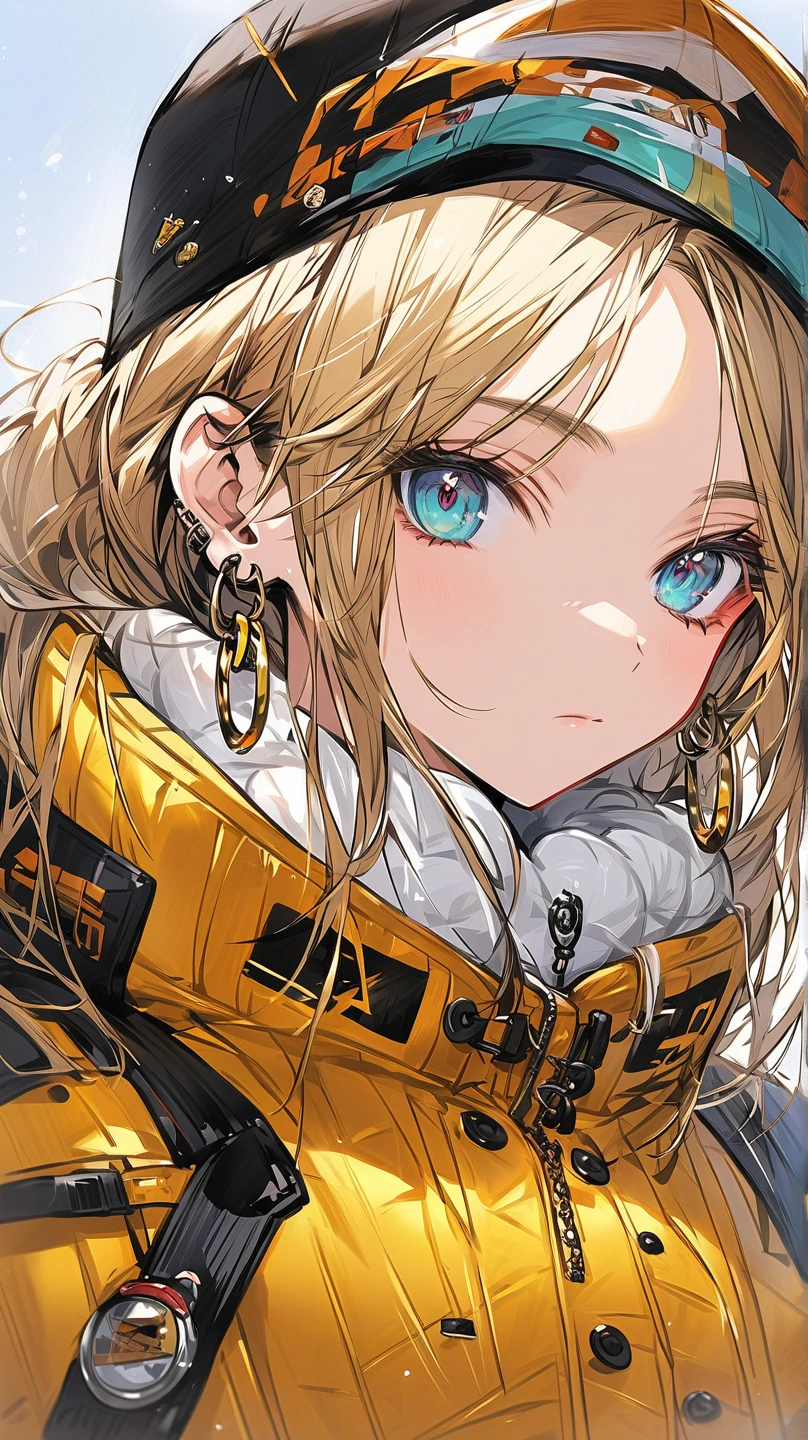  ski style, miku  have sune,,  top quality,  1 girl , , Aqua Eyes,  cap,  closed mouth ,  earrings for a woman alone,  have , hoop  earrings for a woman alone, gem,  watch viewers,  shirt,  simple background, Alone,  upper body, yellow  shirt