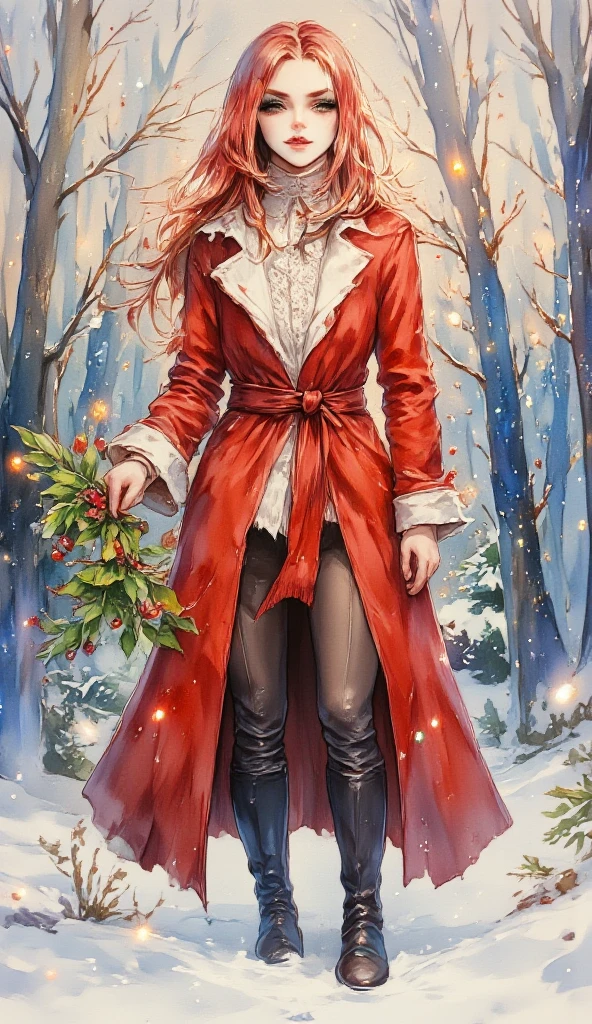 ink and watercolour full length portrait on parchment. In the midst of a winter pine forest, a (mysterious (female (vampire))), (neat and tidy (long(auburn hair))), opal red eyes, (open mouth:1.5) (fangs:1.5), (tongue:1.5). holding a branch of holly. red (warm coat) with white fur collar. lacy aesthetic. christmas aesthetic. snowy background with pine trees, christmas decorations and lights.  red and white.