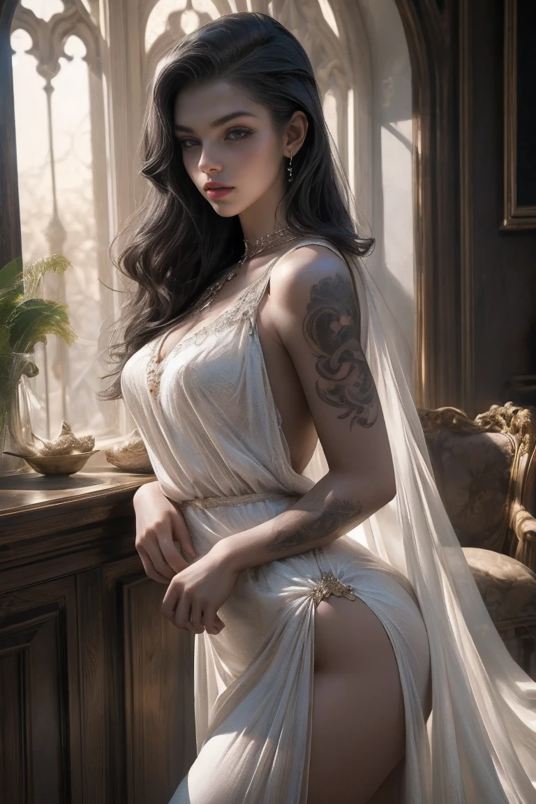 Create a hyper detailed photograph of a tattooed young sexy , Stunningly perfect gorgeous feminine face, perfect makeup, detailed vibrant eyes, platinum  dutch hair, long detailed beautiful legs, detailed beautiful  arms, big thighs, detailed silky smooth skin, large natural perky breast, thick round ass, white thin transparent sundress, facing viewer, sun rays illuminating the dress,