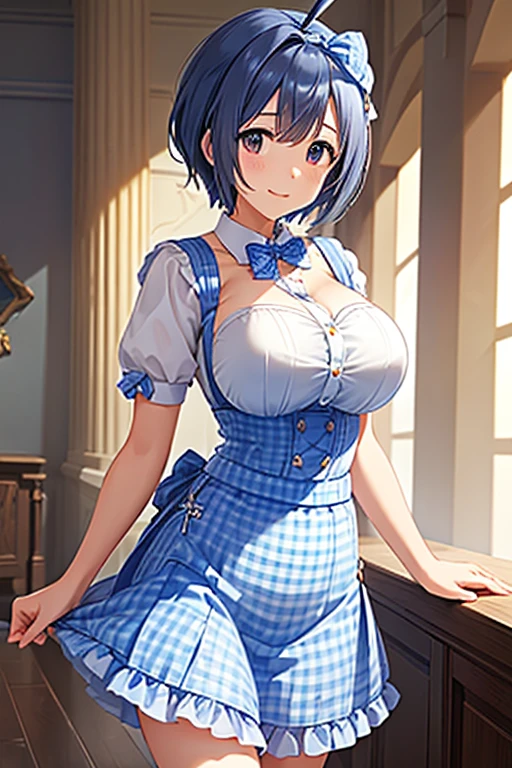 , Ahoge,  split bangs ,  shorthair, (Big Breasts, Sparkling Eyes  , fine grain)、smile、 ultra-detailed eyes sandwiched between columns、 very detailed顔,  very detailed目,
 top quality, high definition 、 one girl, Alone, ,  cowboy shot,  very detailed,  top quality,   masterpiece on penis , shape,  game cg, 
, (Light Blue Gingham Check Suspender Skirt:1.4), ( Long Skirt:1.2), ( white blouse:1.3), ((  double breasted .  underbust pose):1.2), (Plain blue bow tie:1.3), (Short sleeve, Button Gap),