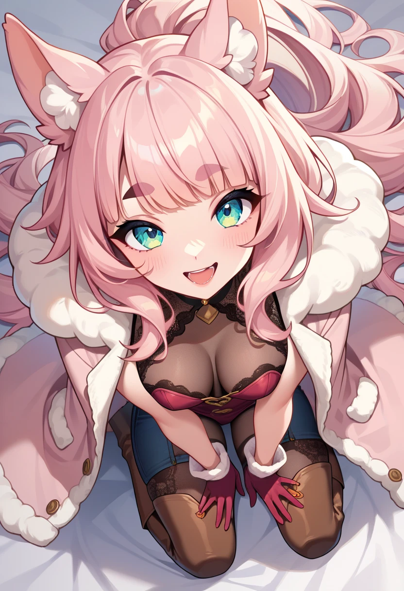 (UHD, best quality,  highres icon), 1girl,  long pink fluffy hair, Thick eyebrows, smile, I'm looking up at Fluffy Wool Coat , Big gloves,   Lace-up Boots BREAK