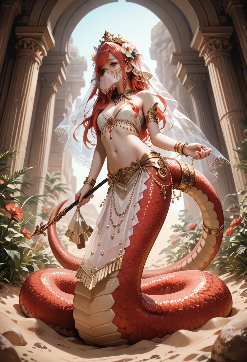 red-haired lamia girl (small breasts) in the desert on a sand dune (long hair below the shoulders) flowers in her hair, gold jewelry on her hands ((full body view)) ((tail visible)) ((transparent veil on her face))