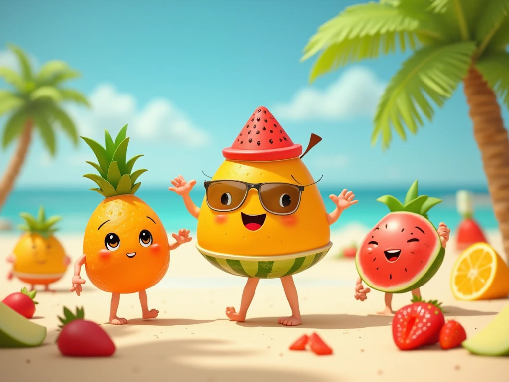 "Create a cute and playful 2D illustration of various fruits, each with a smiling face, arms, and legs. The fruits should have bright, vibrant colors like oranges, watermelons, strawberries, and pineapples. They are dressed for summer, wearing tiny sunglasses and enjoying the sunny weather. Some might be holding ice creams, while others are lounging on a beach. The background should feature a sunny beach setting with palm trees and a clear blue sky to capture the essence of summer."
