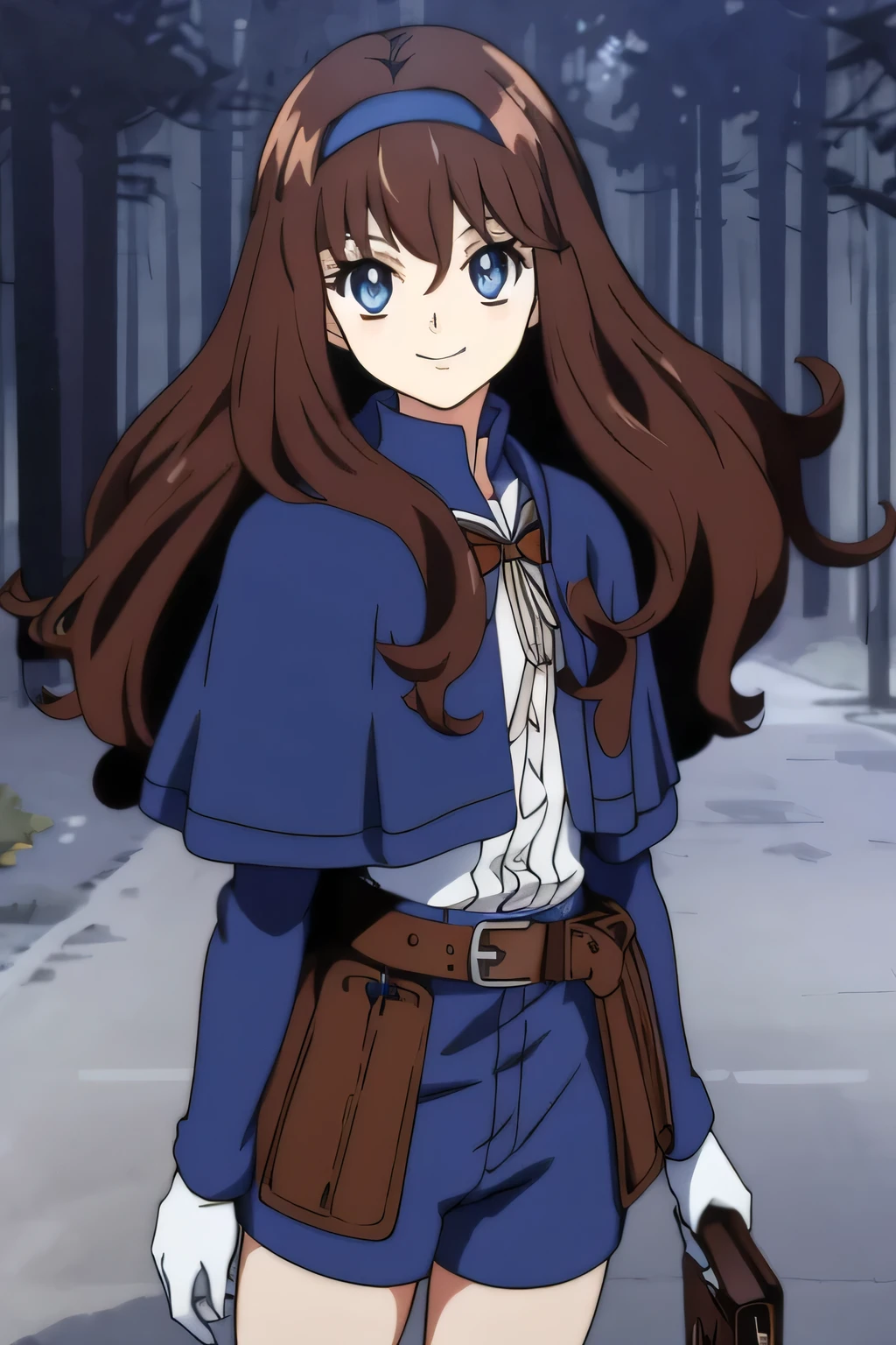 Ai shindou, masterpiece, Best Quality, vampire ,long hair, floating hair, brown hair, blue sea eye, deeper eyes, hoods, blue cloak, blue lightly tunic, gloves, Belt bag, blue shorts, Cowboy Shot, cute smile, dark forest, Looking at Viewer, take a sword and white mask