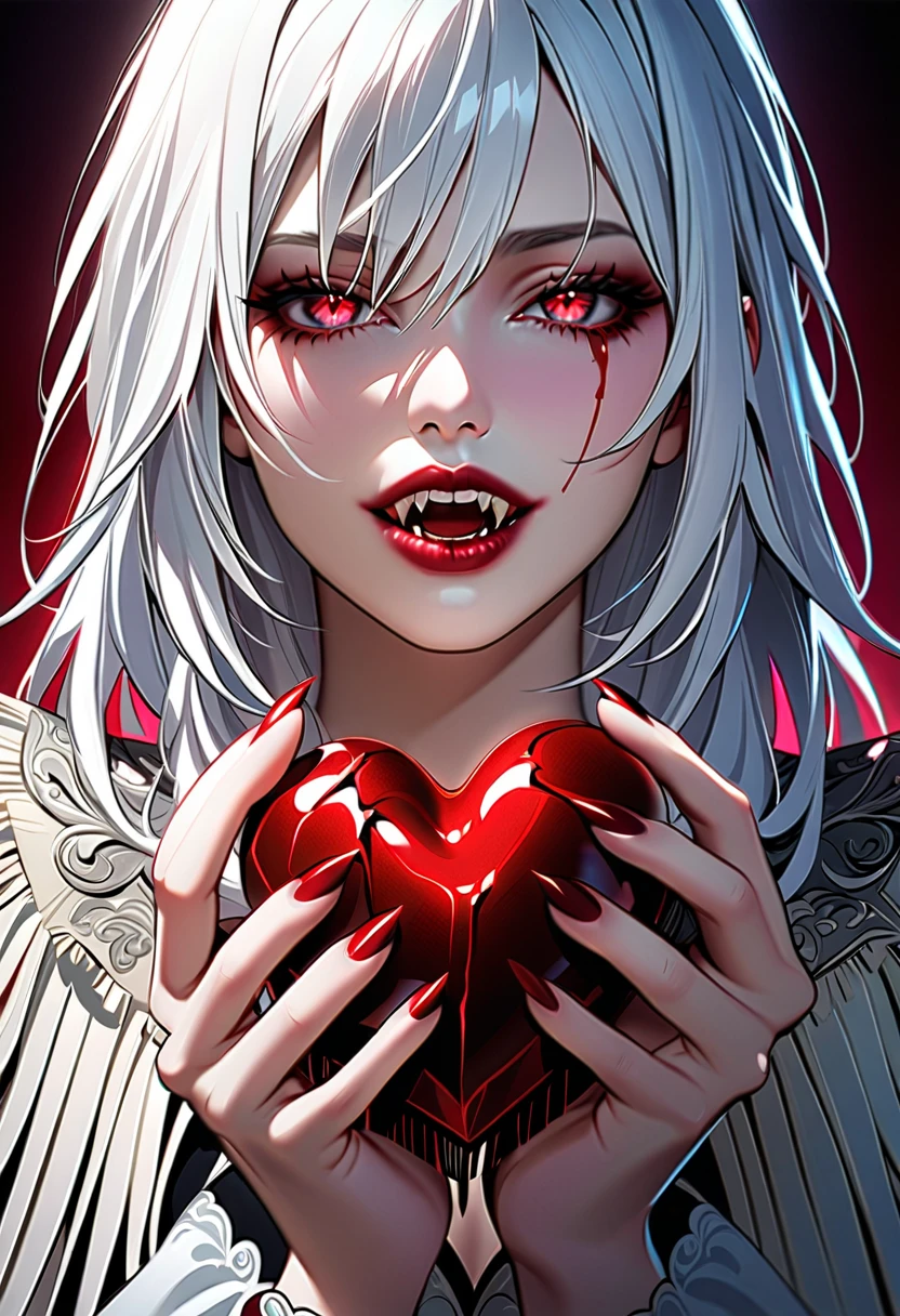 ( masterpiece , ,  better quality ,  beautiful and aesthetic :1.2)  White-skinned vampire , bleeding eyes , tears of blood, Holds a human heart in his hands,  beautiful and detailed eyes ,  beautiful and detailed lips , fangs, extremely detailed face, 1 girl, white hair  , fringe,  dramatic lighting ,  vibrant colors ,  film composition .