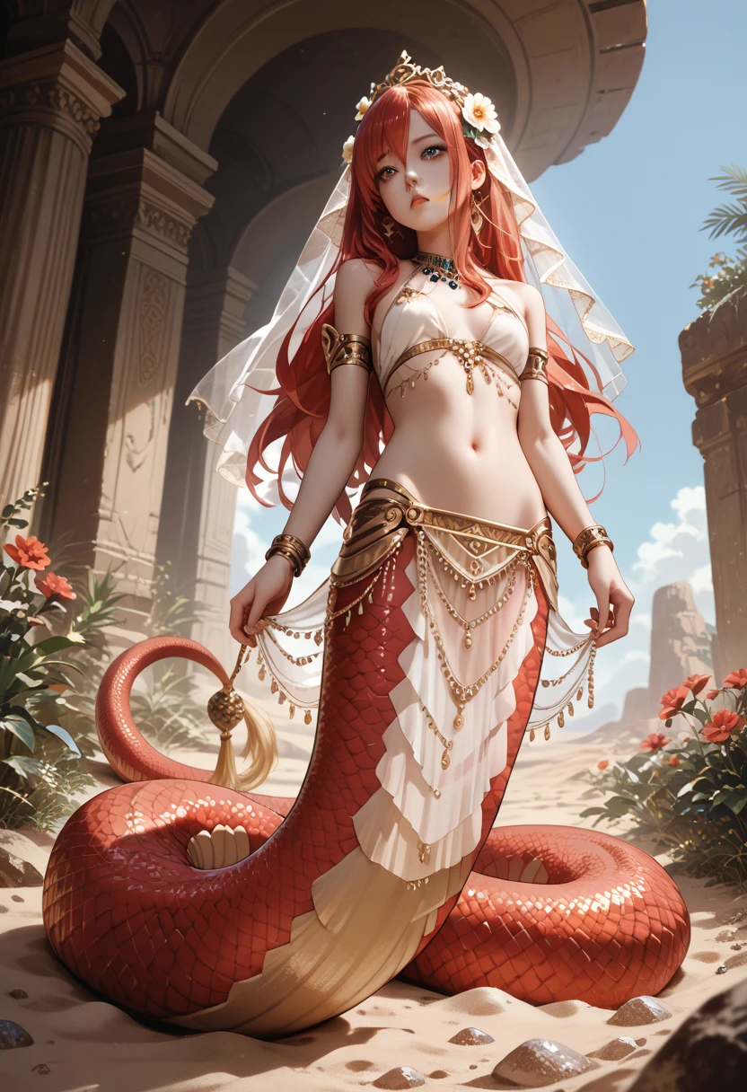 red-haired lamia girl (small breasts) in the desert on a sand dune (long hair below the shoulders) flowers in her hair, gold jewelry on her hands ((full body view)) ((tail visible)) ((transparent veil on her face))