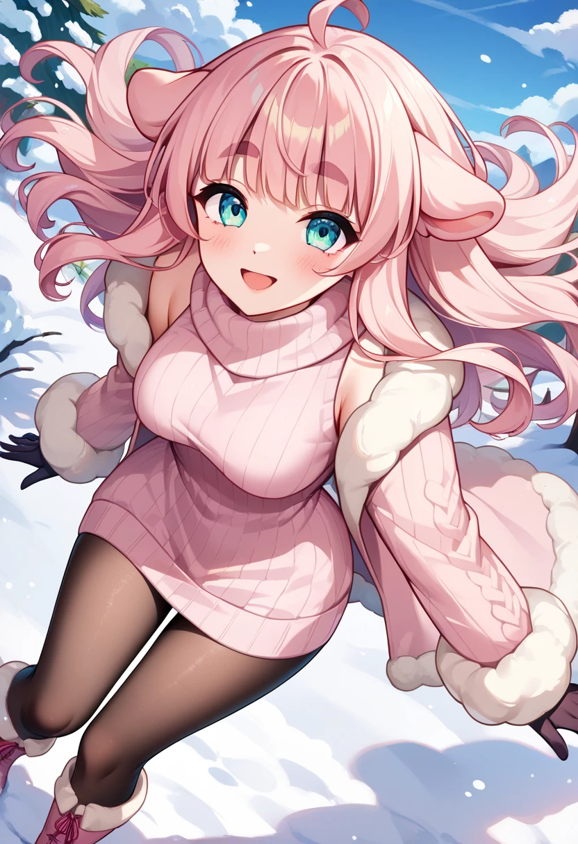 (UHD, best quality,  highres icon), 1girl,  long pink fluffy hair, Thick eyebrows, smile, I'm looking up at Fluffy Wool Coat , Vertical striped sweater ,  black tights , Big gloves,  Lace-up Boots BREAK,  snow is falling ,  Beautiful Scenery 