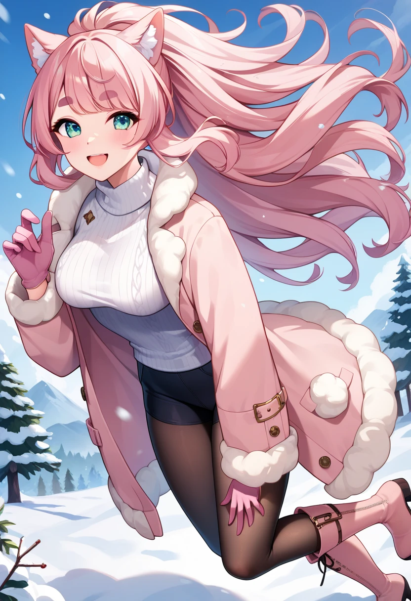 (UHD, best quality,  highres icon), 1girl,  long pink fluffy hair, Thick eyebrows, smile, I'm looking up at Fluffy Wool Coat , Vertical striped sweater ,  black tights , Big gloves,  Lace-up Boots BREAK,  snow is falling ,  Beautiful Scenery 