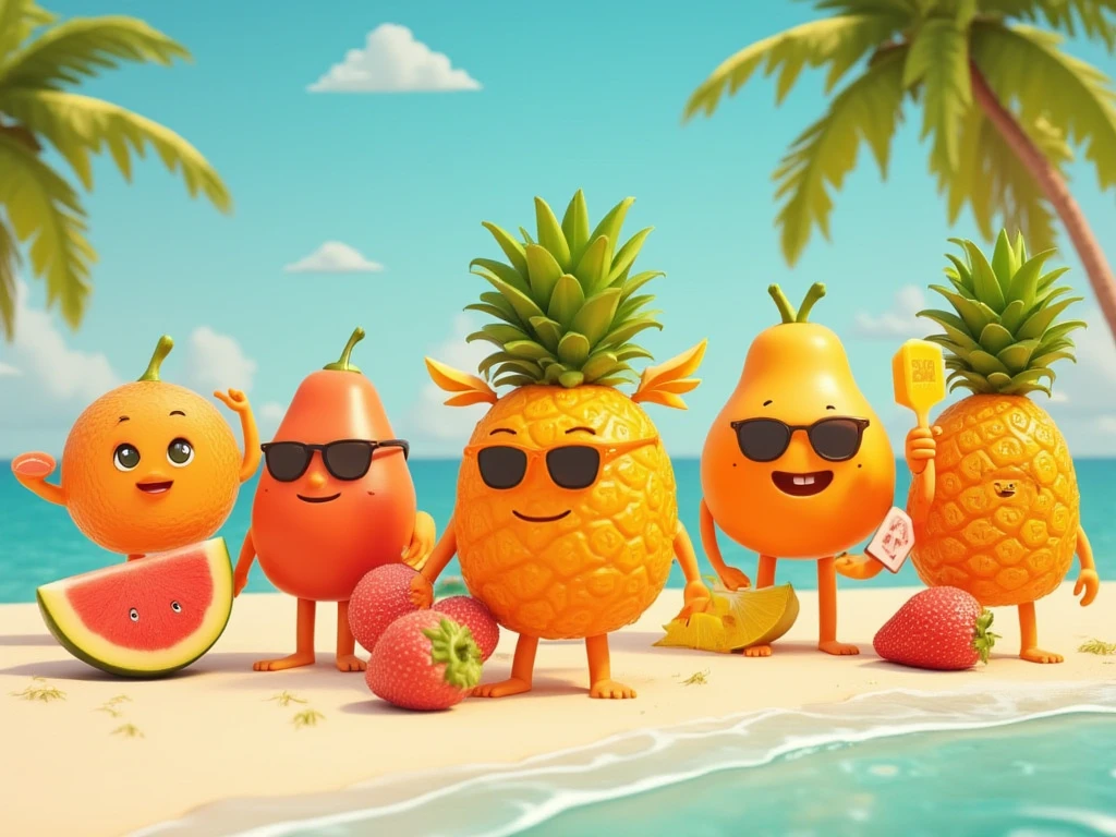 "Create a cute and playful 3D illustration of various fruits, each with a smiling face, arms, and legs. The fruits should have bright, vibrant colors like oranges, watermelons, strawberries, and pineapples. They are dressed for summer, wearing tiny sunglasses and enjoying the sunny weather. Some might be holding ice creams, while others are lounging on a beach. The background should feature a sunny beach setting with palm trees and a clear blue sky to capture the essence of summer."
