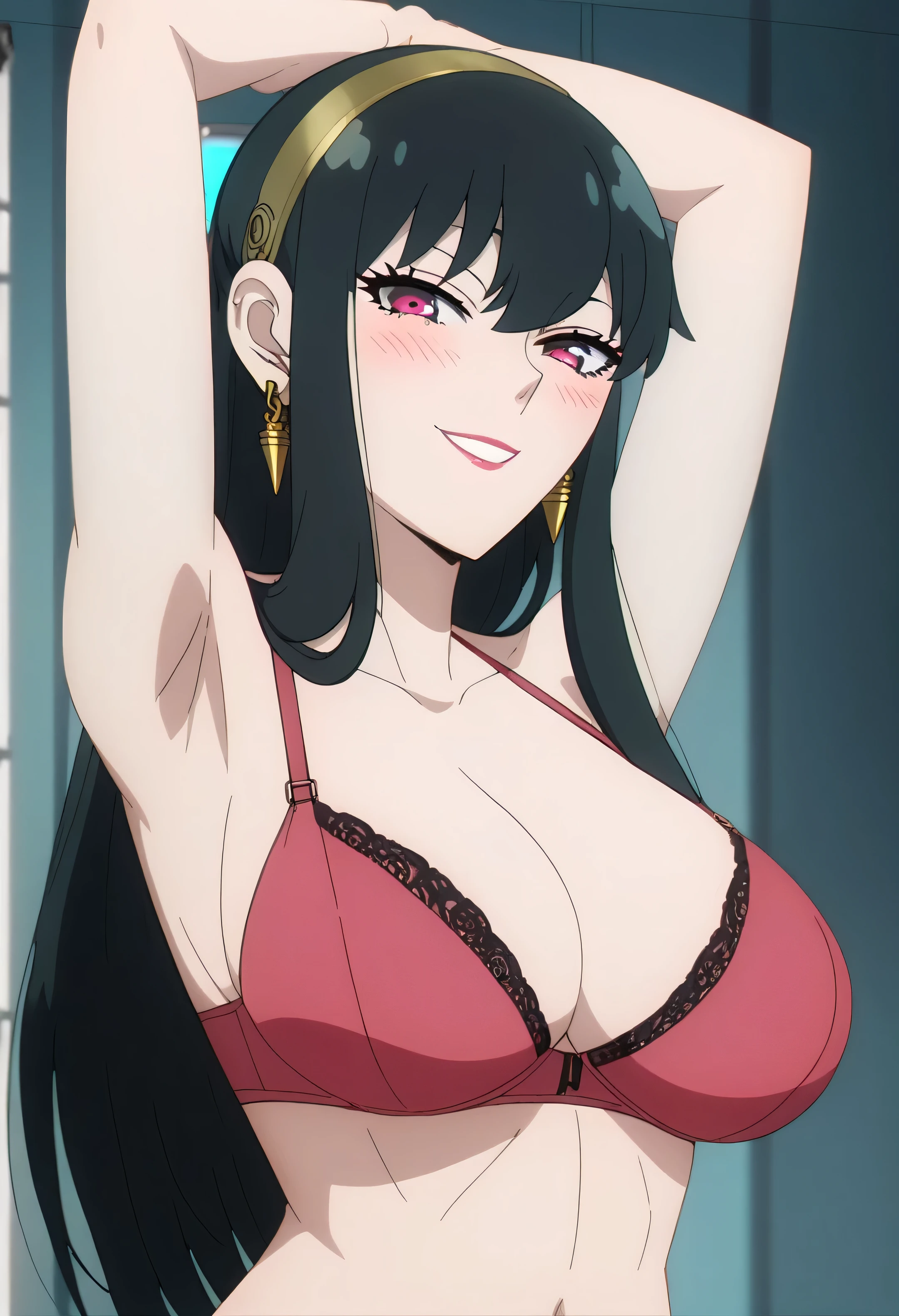 score_9, score_8_up, score_7_up, source_anime BREAK cowboy shot, The evaluation is questionable, looking at viewer, Glowing Skin, YorForger, multicolored hair, black hair, long hair, arms up, armpits, magenta eyes, ear piercing, earrings, pink nails, Huge breasts, (bra), (panty), (smile), smirk, (blush), Anime Style, high quality, masterpiece, Very detailed, anime screencap, (inside one's own room Background:1.2), lipstick, makeup
