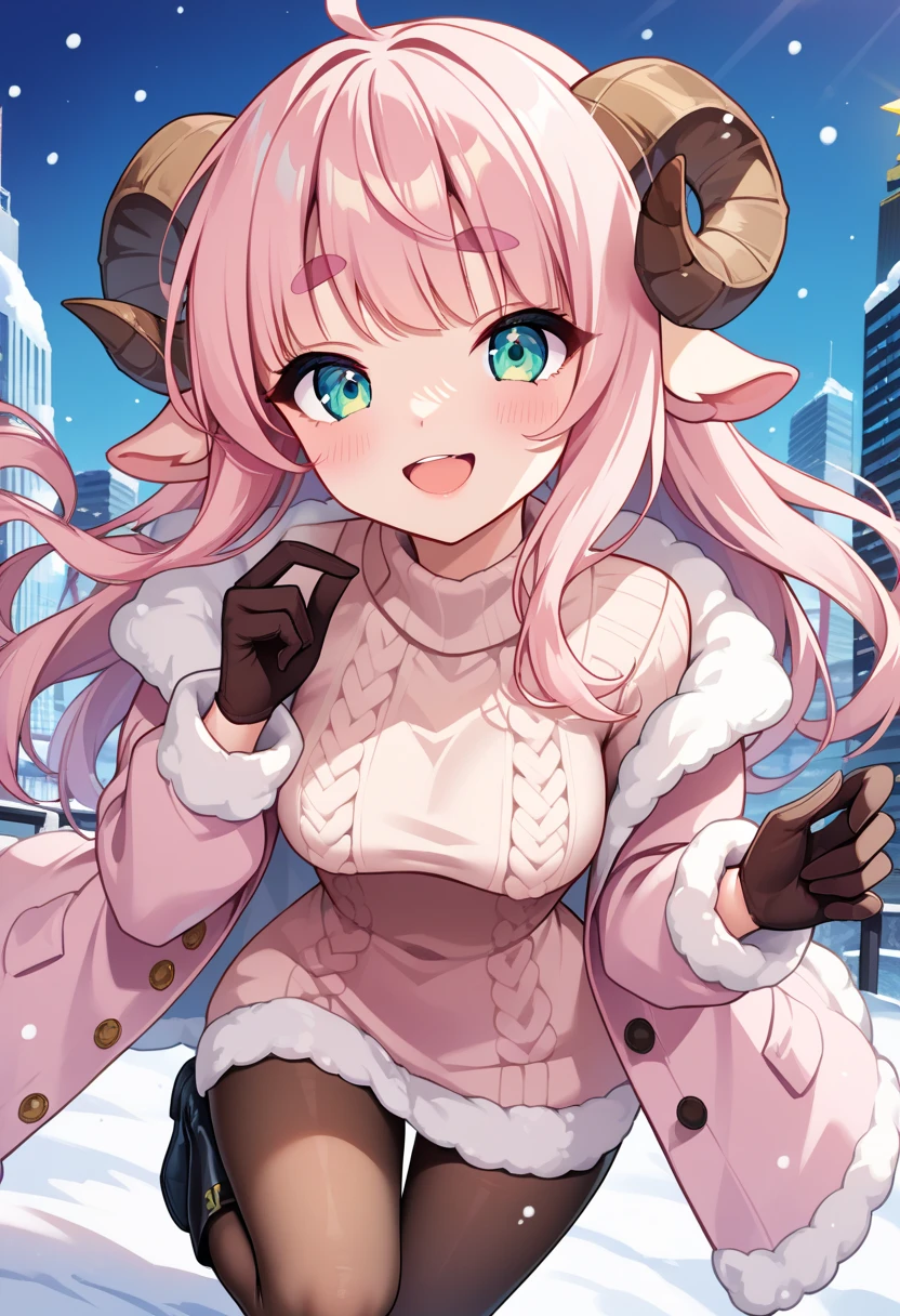 (UHD, best quality,  highres icon), 1girl,  long pink fluffy hair, Sheep&#39;s round horns, Thick eyebrows, smile, I'm looking up at Fluffy Wool Coat , pink vertical stripe sweater,  black tights , Big gloves,   Lace-up Boots BREAK,  snow is falling , Beautiful cityscape