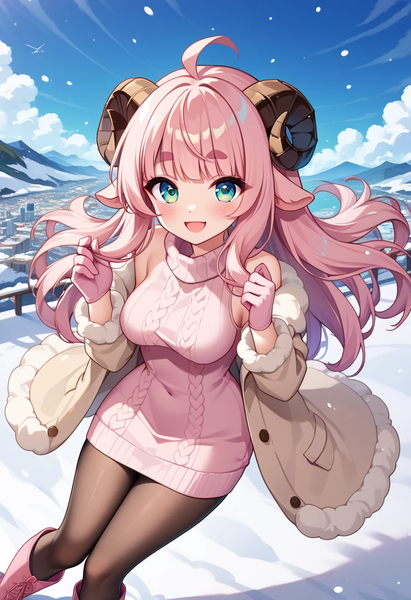 (UHD, best quality,  highres icon), 1girl,  long pink fluffy hair pulling a sled, Sheep&#39;s round horns, Thick eyebrows, smile, I'm looking up at Fluffy Wool Coat , pink vertical stripe sweater,  black tights , Big gloves,  lace-up boots BREAK are looking up,  snow is falling , Beautiful cityscape, People passing by 々