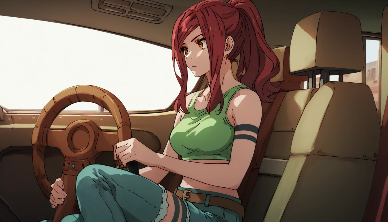 Lisa, 1girl, solo, red hair, denim, single pantsleg, pants, jeans,  crop top, midriff, ponytail, belt, thigh strap, breasts, long hair, medium breasts, tank top, indoors, armband, brown eyes, orange eyes, bare shoulders, green shirt,(bare shoulders), completely white background, сзади ,( (It lies under the car)) ,  ((holding the steering wheel)) 