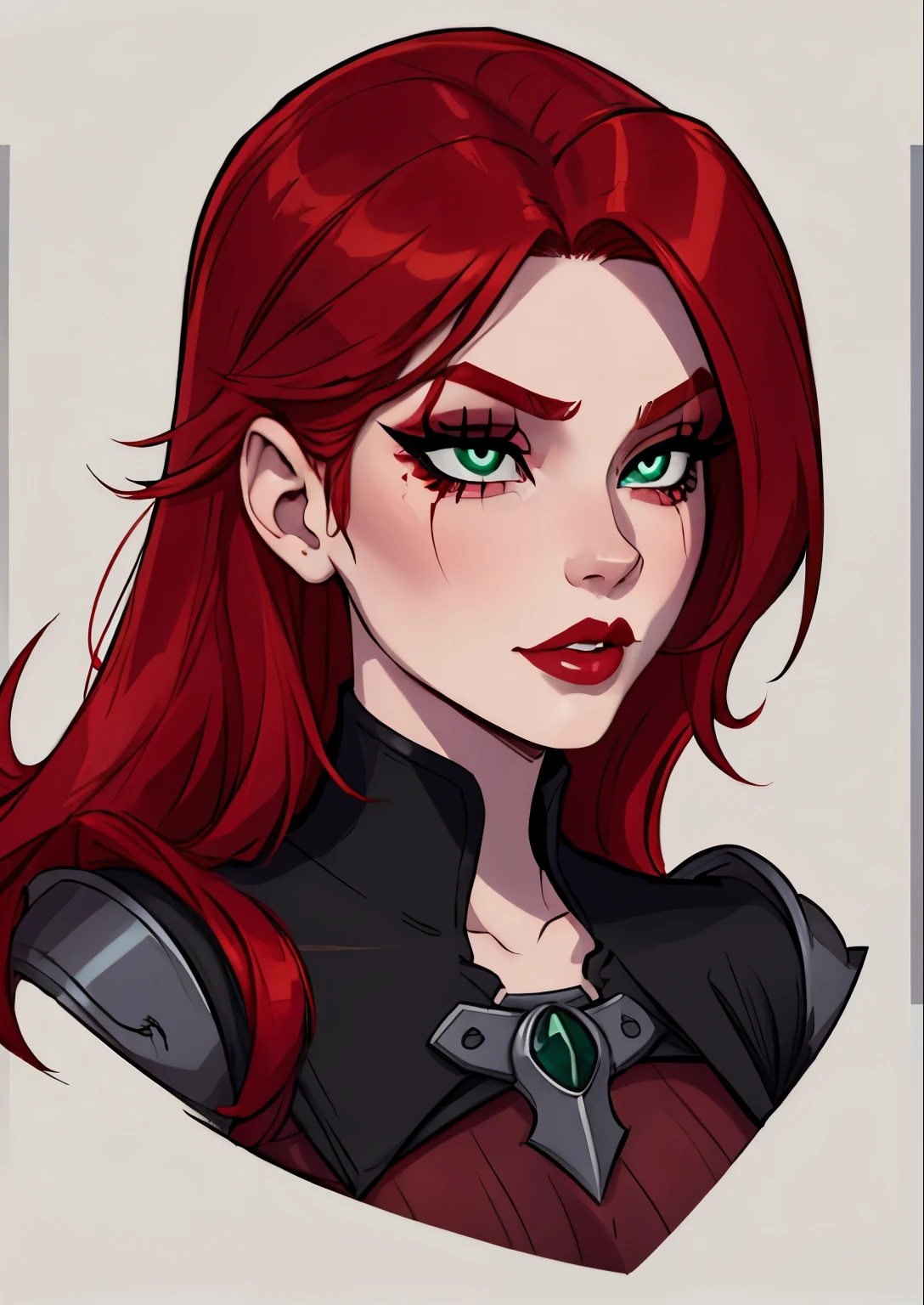 masterpiece, best quality, 1female, beautiful, face portrait, deep makeup, 1girl, face focus, long hair, red hair, lipstick,, goth, scar over eye, makeup, pale skin, katarina, green eyes