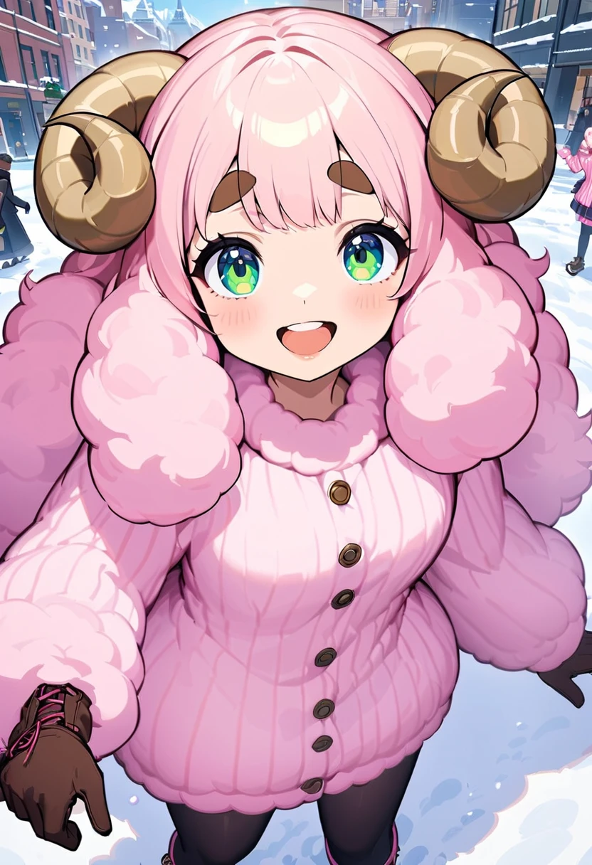 (UHD, best quality,  highres icon), 1girl,  long pink fluffy hair, Sheep&#39;s round horns, Thick eyebrows, smile, I'm looking up at Fluffy Wool Coat , pink vertical stripe sweater,  black tights , Big gloves,  Lace-up Boots BREAK,  snow is falling , Beautiful cityscape, People passing by 々